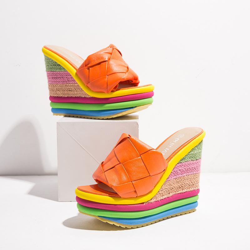Women's rainbow colorful espadrille platform wedge slide sandals