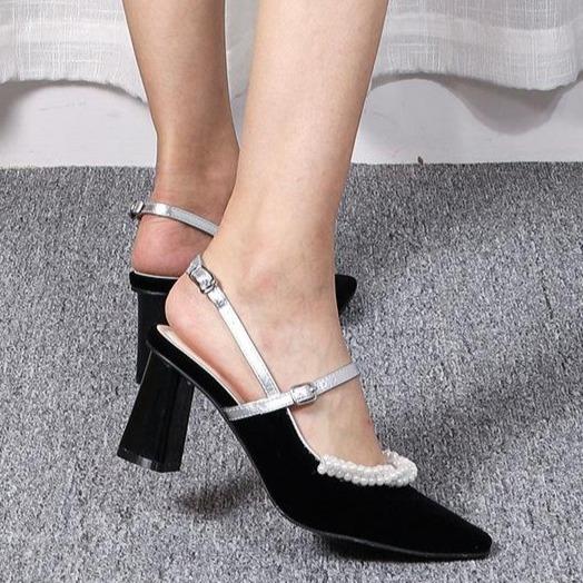 Women's black elegant pearls slingback chunky heels pointed closed toe dress heels