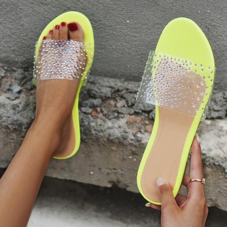 Women's clear one band rhinestone slides for summer