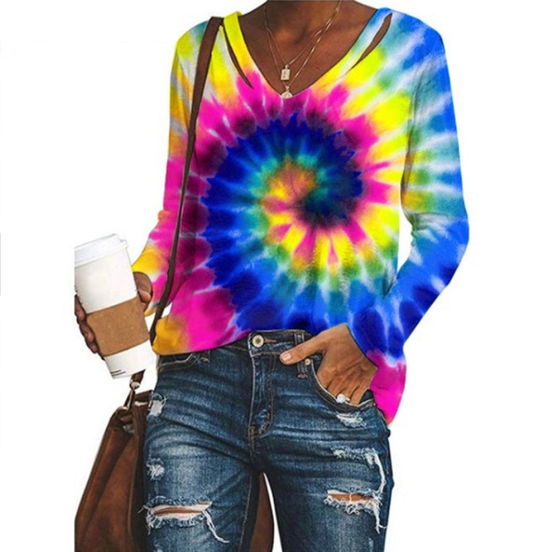 Long Sleeve V Neck Colorful Womens Tie Dye Shirts