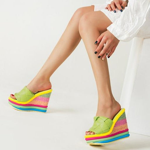 Women's rainbow colorful espadrille platform wedge slide sandals