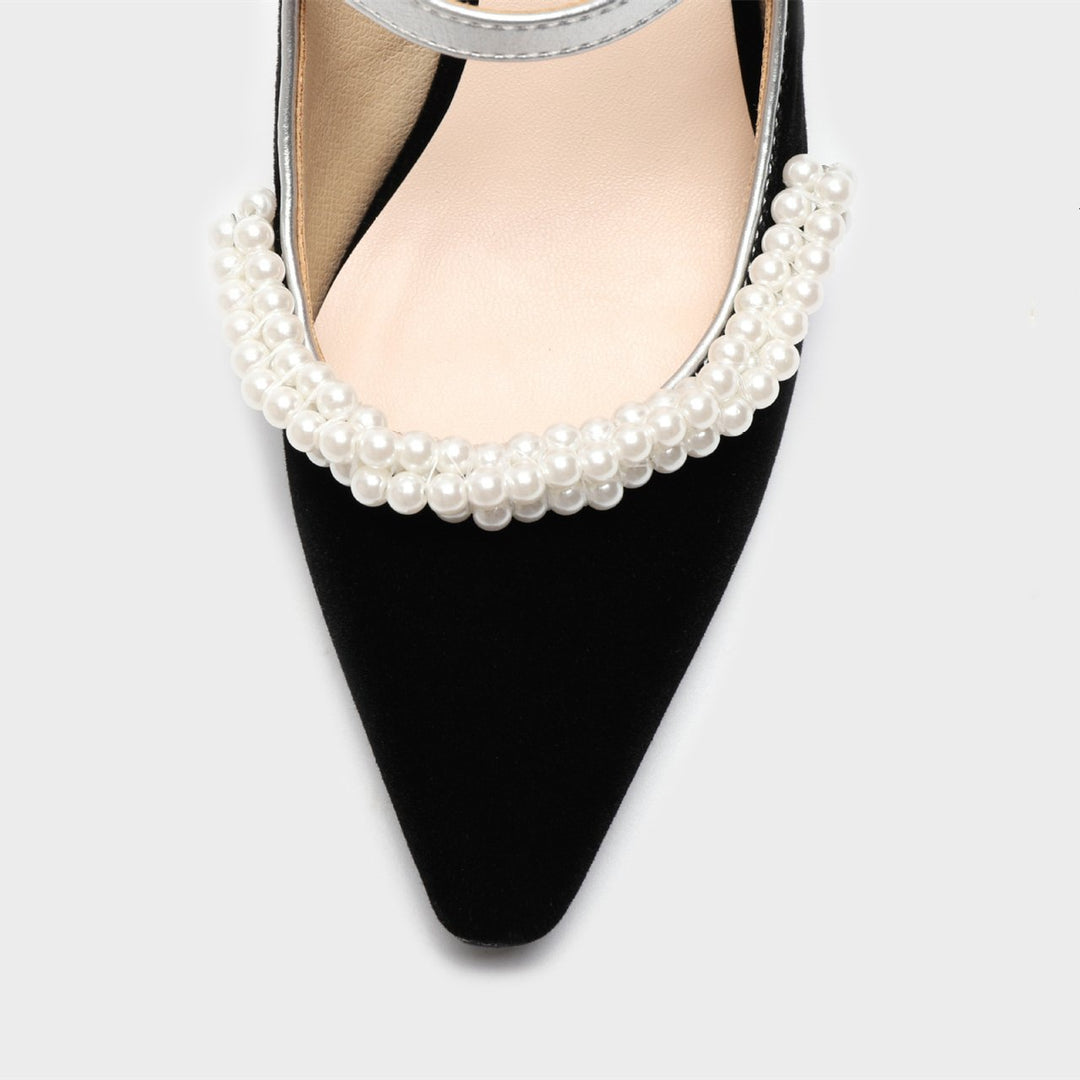 Women's black elegant pearls slingback chunky heels pointed closed toe dress heels
