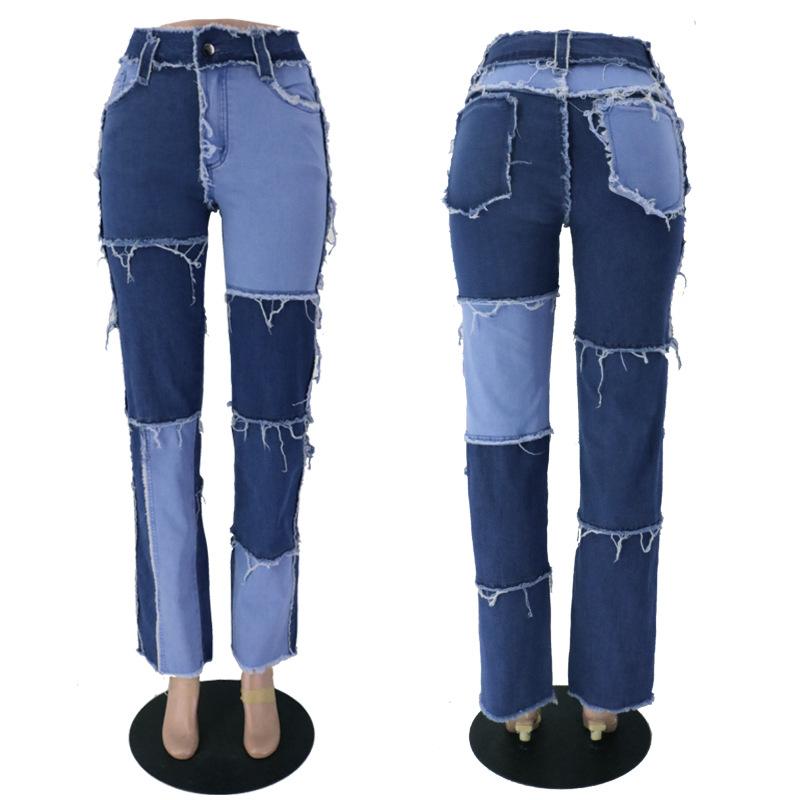 Women's mid rise fashion colorblock jeans straight leg distressed jeans