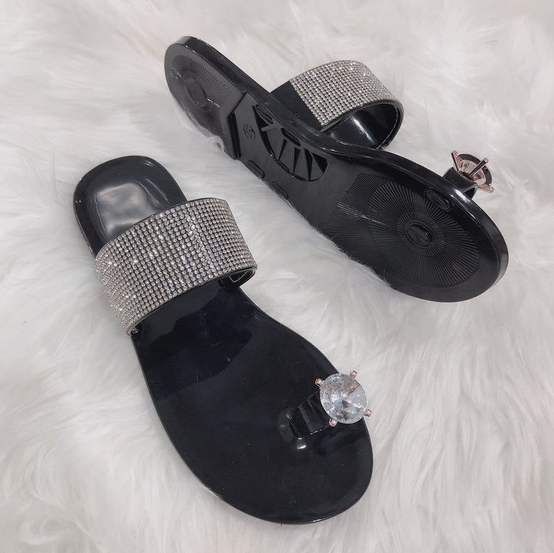 Women's flat crystal ring toe rhinestone slides clear jelly slide sandals
