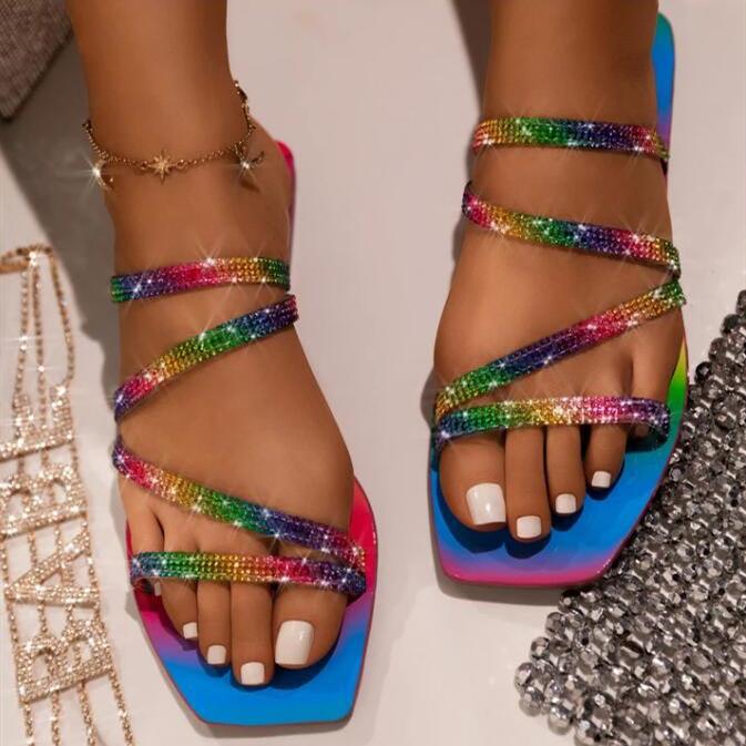 Women's glitter rhinestone rainbow sandals flat strappy slide sandals