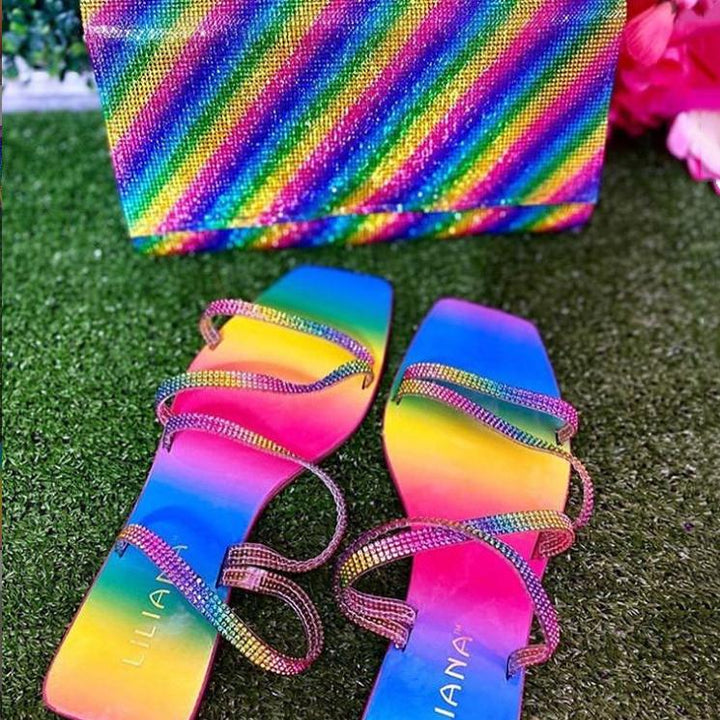Women's glitter rhinestone rainbow sandals flat strappy slide sandals