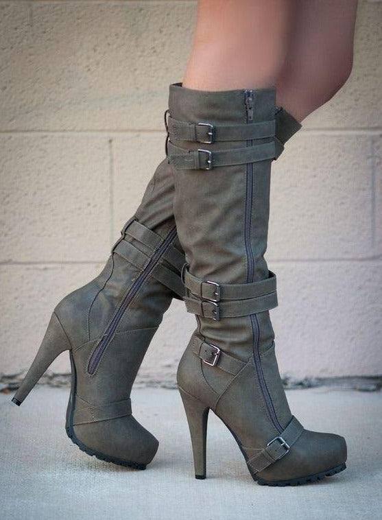 Women's stiletto high heeled platform knee high boots buckle strap boots