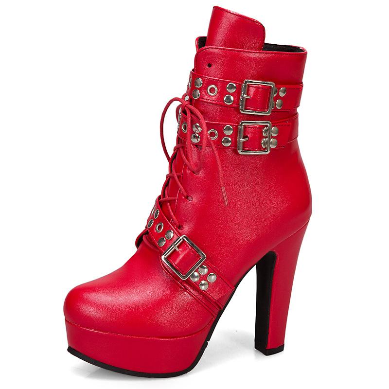 Women's buckle strap chunky high heel combat boots