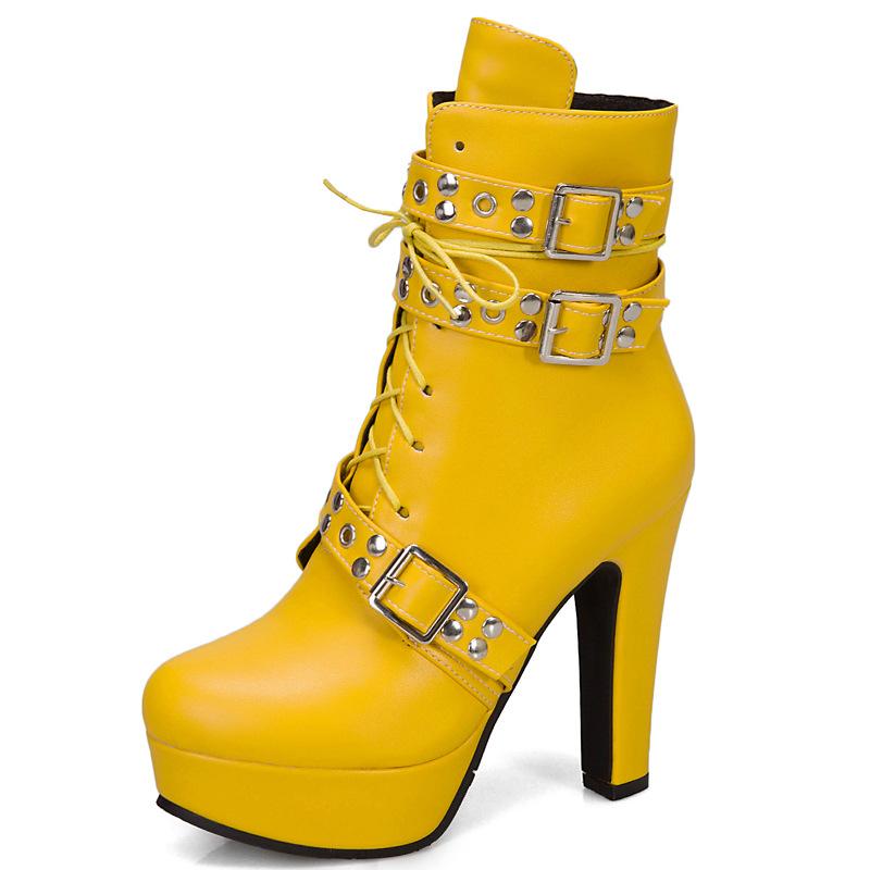 Women's buckle strap chunky high heel combat boots