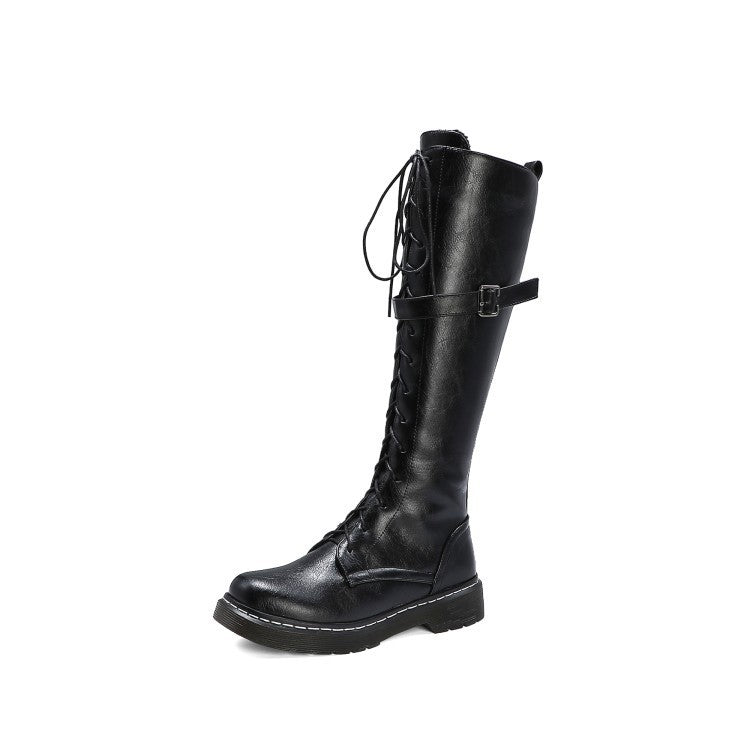 Women's knee high combat boots Lace-up riding boots knight boots with side zip
