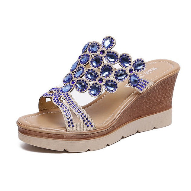Crystals decor peep toe wedge slides women's summer wedge slippers
