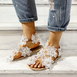 Women's white lace toe ring sandals flower decor flat sandals for beach