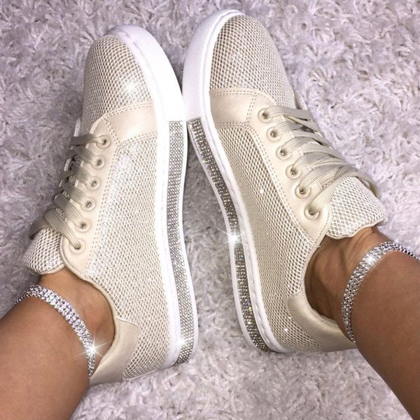 Rhinestone canvas shoes | Front lace glitter casual sneakers