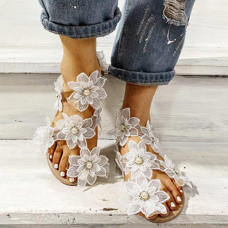 Women's white lace toe ring sandals flower decor flat sandals for beach