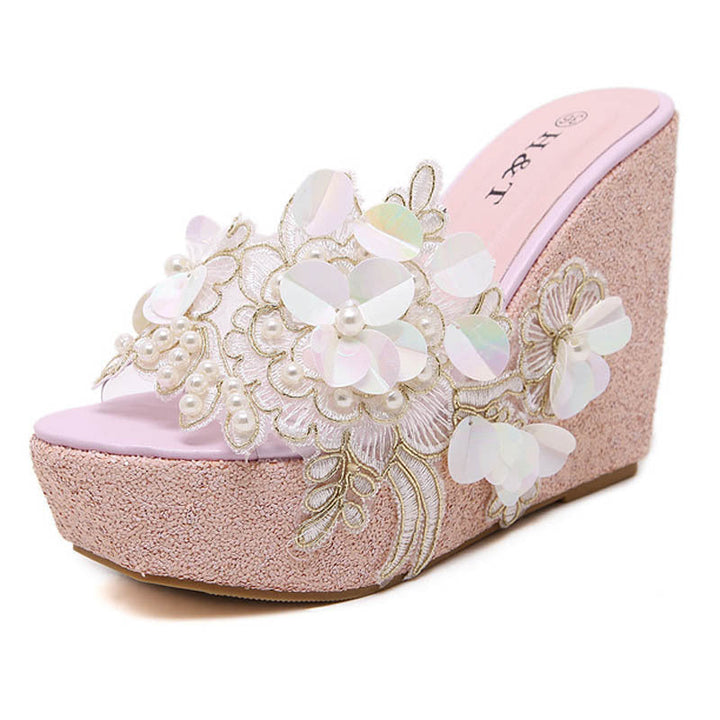 Floral pearls decor summer cute wedge heel slippers