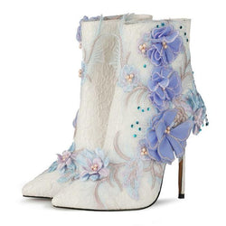 Women's blue flower deor white stiletto bridal booties 4.7"