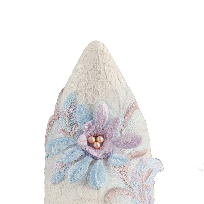Women's blue flower deor white stiletto bridal booties 4.7"