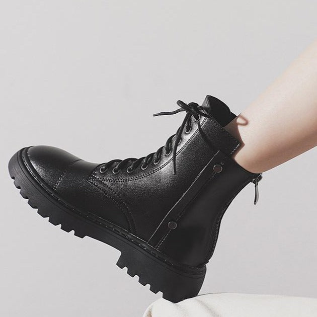 Women's flat thick platform combat boots back zipper biker boots