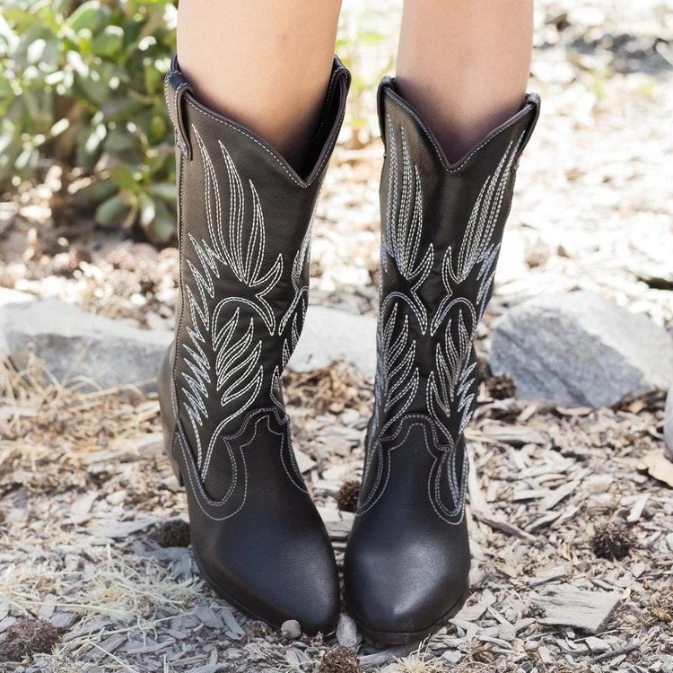 Women's floral embroidery cowboy boots pointed toe western boots