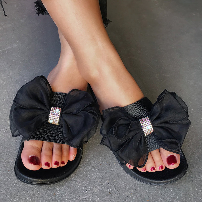 Women lace bowknot open toe summer slides