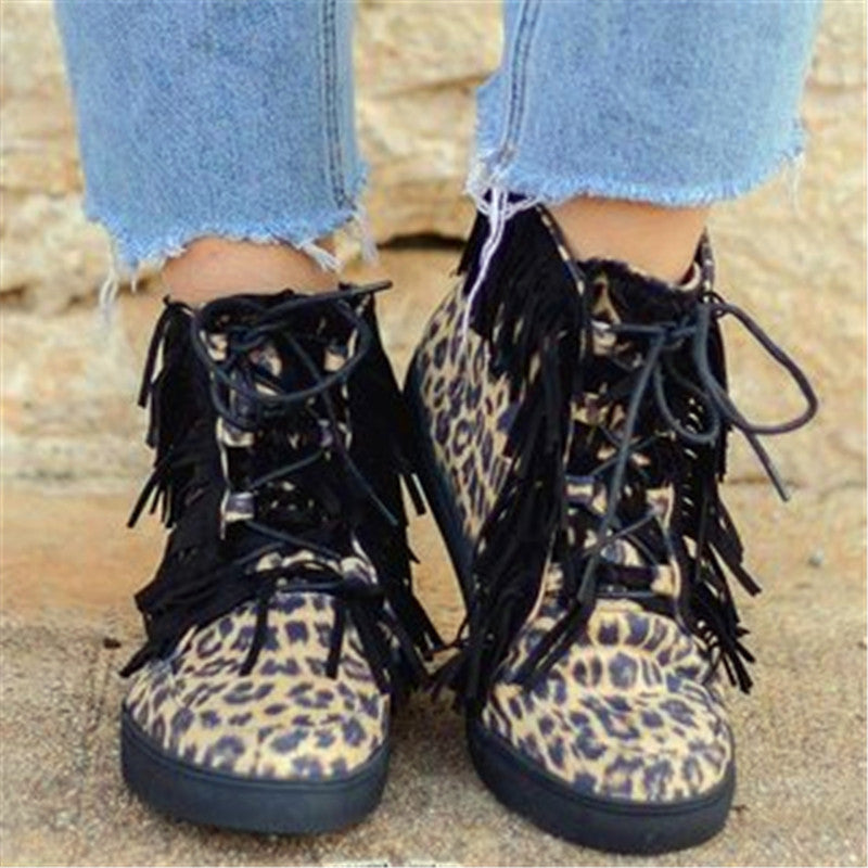 Women's tassels sneakers boots high cut lace-up fringe sneakers