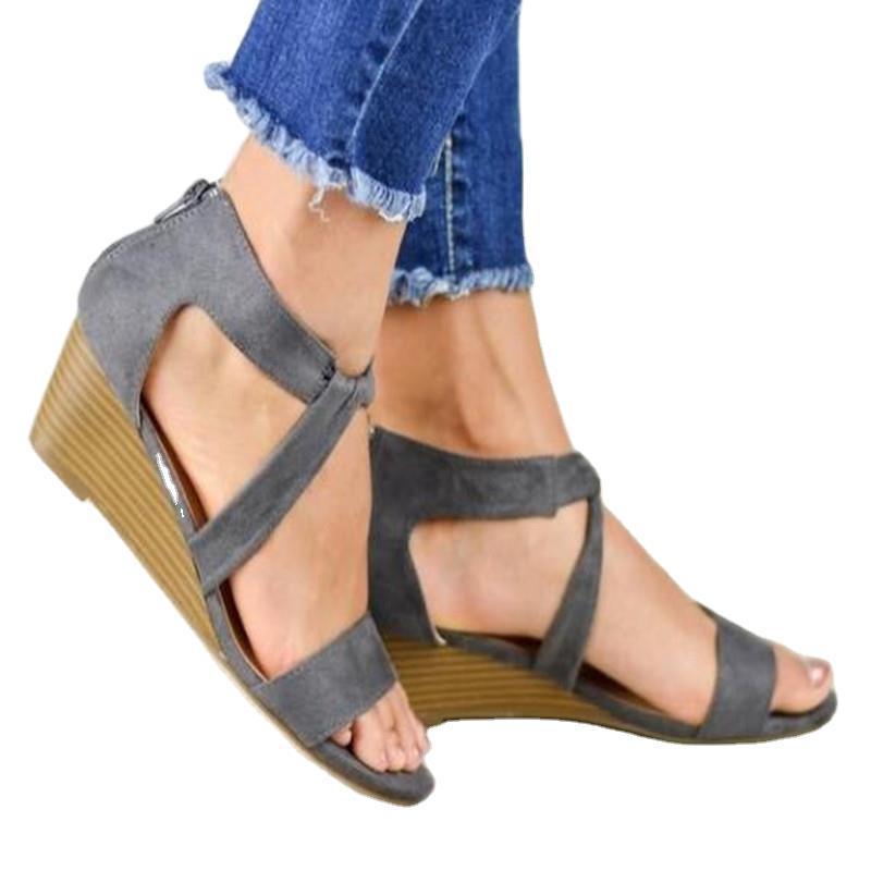 Women's one band criss cross low wedge peep toe gladiator sandals with back zipper