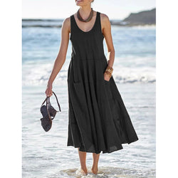 Women Halter Neck Solid Pockets Summer Beach Dresses