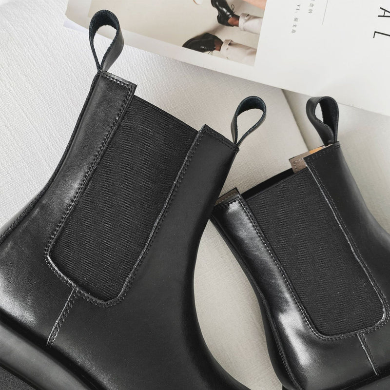 Women England Style Leather Stitching Chunky Platform Black Chelsea Boots