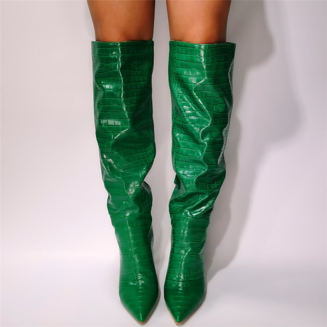 Women green snakeskin sexy pointed toe wide calf slouch knee high stiletto boots
