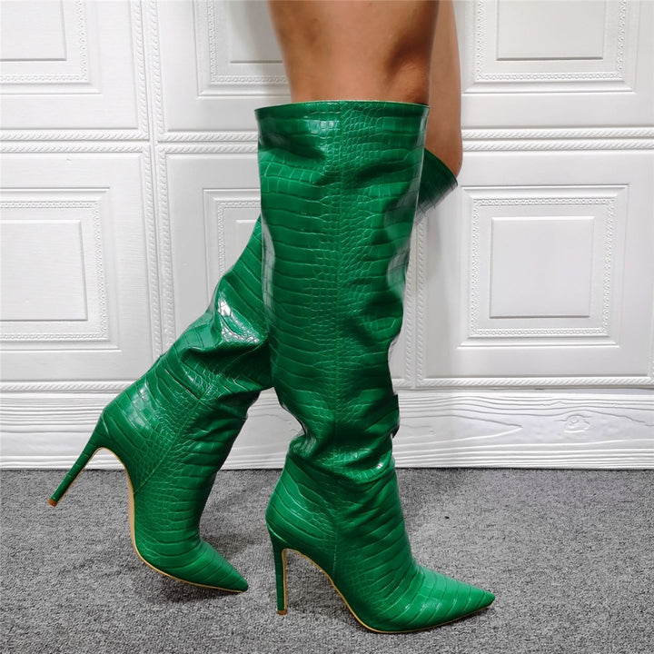 Women green snakeskin sexy pointed toe wide calf slouch knee high stiletto boots