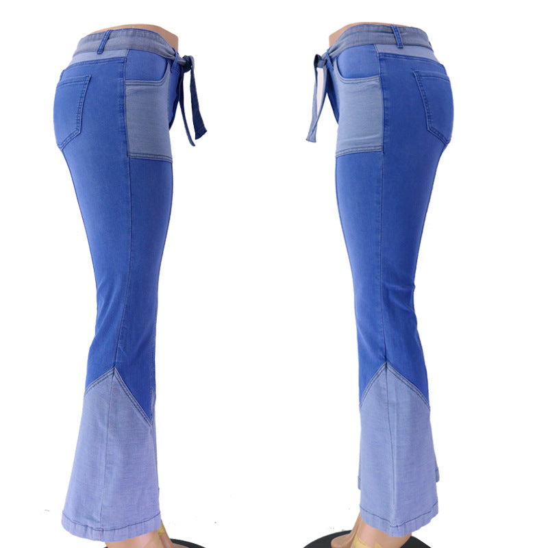 Women's blue 2 tones patchwork high waist flare jeans 1970's vintage  jeans