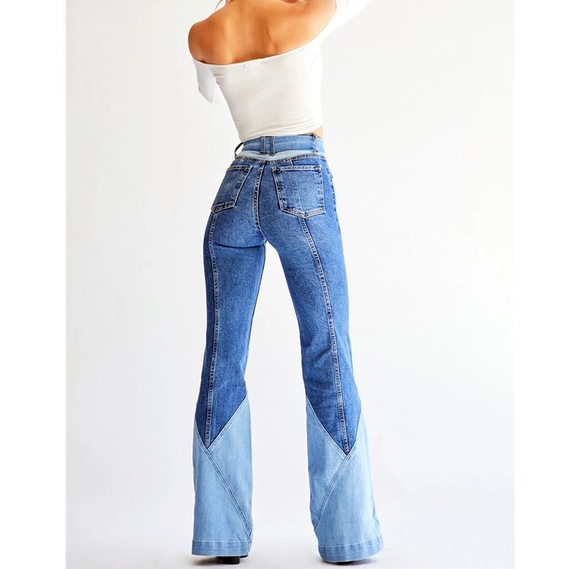 Women's blue 2 tones patchwork high waist flare jeans 1970's vintage  jeans