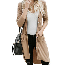 Women Knitted Long Sleeve Buttons Pockets Long Cardigan