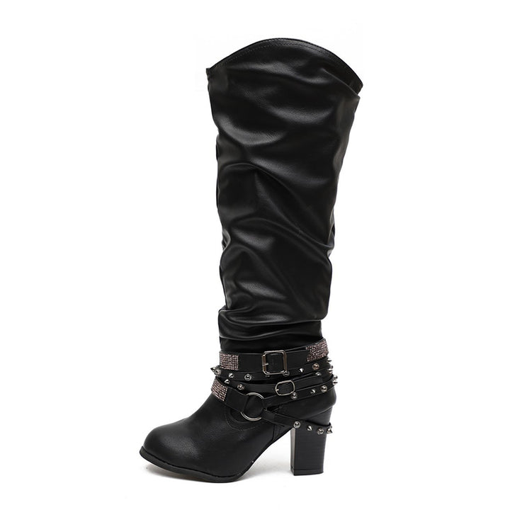 Women's Knee high slouch boots rhineston buckle strap wide calf boots