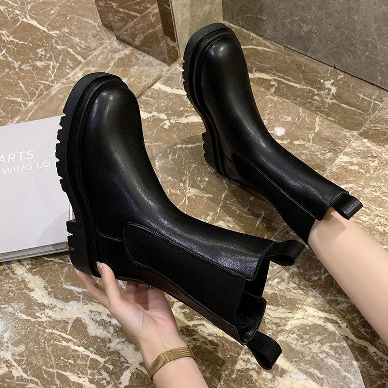 Women's black mid calf chelsea boots chunky platform short boots