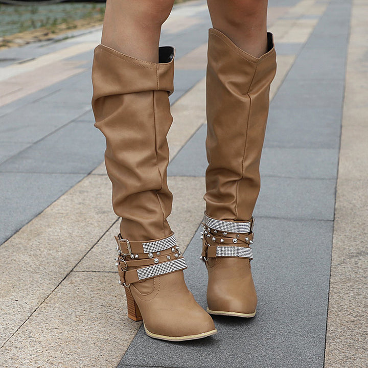 Women's Knee high slouch boots rhineston buckle strap wide calf boots