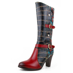 Women's leather ethnic floral print print chunky knee high boots