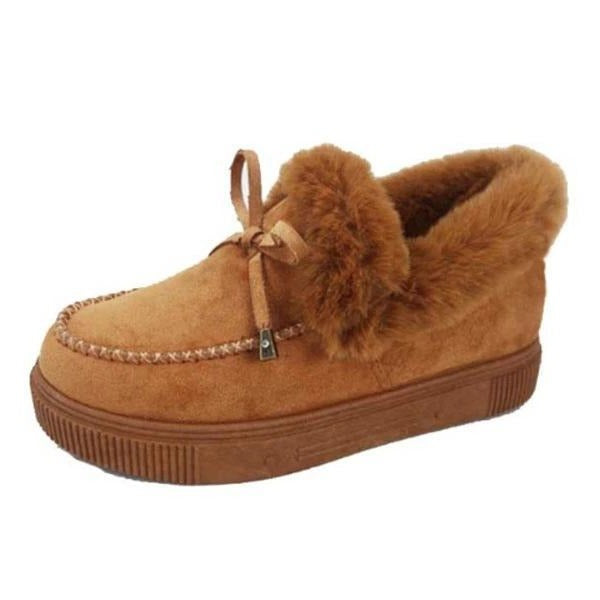 Women's flat warm lining snow booties cute bowknot furry ankle boots - Fashionshoeshouse