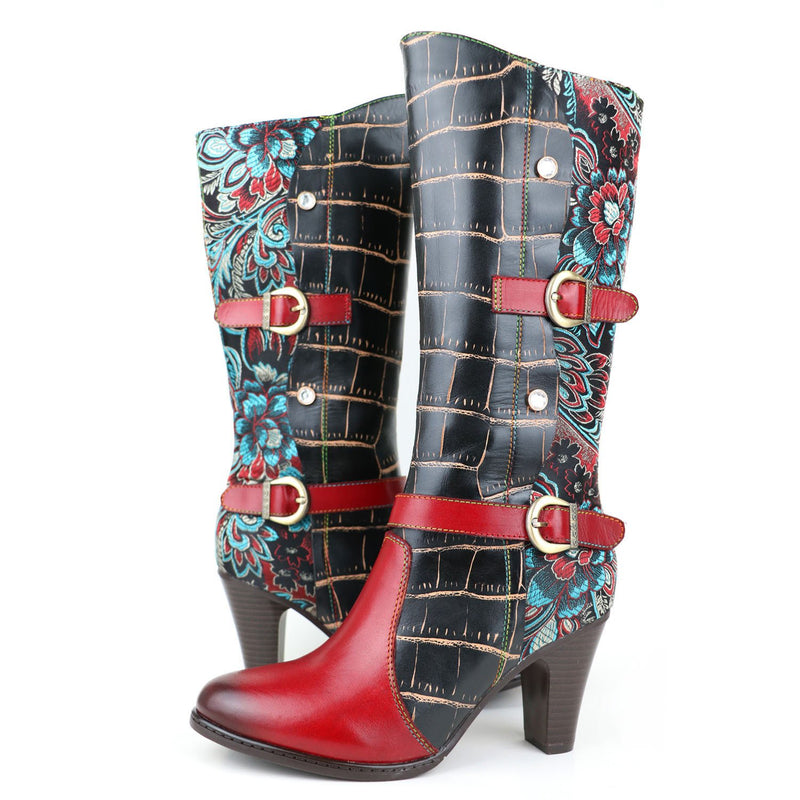 Women's leather ethnic floral print print chunky knee high boots