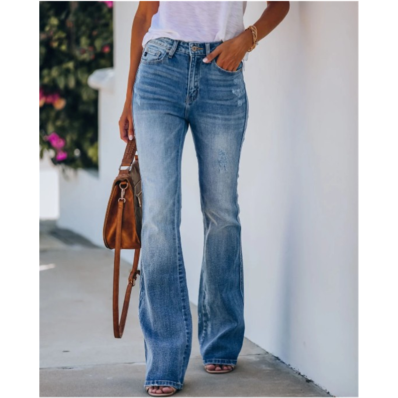 Women's blue light wash bootcut jeans high waist flare bottom jeans