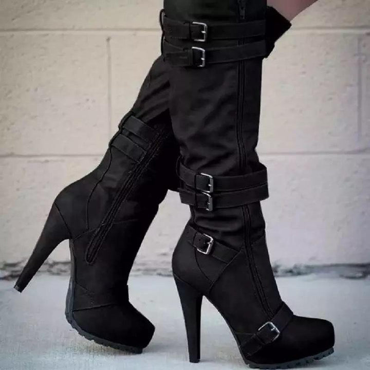 Women's stiletto high heeled platform knee high boots buckle strap boots