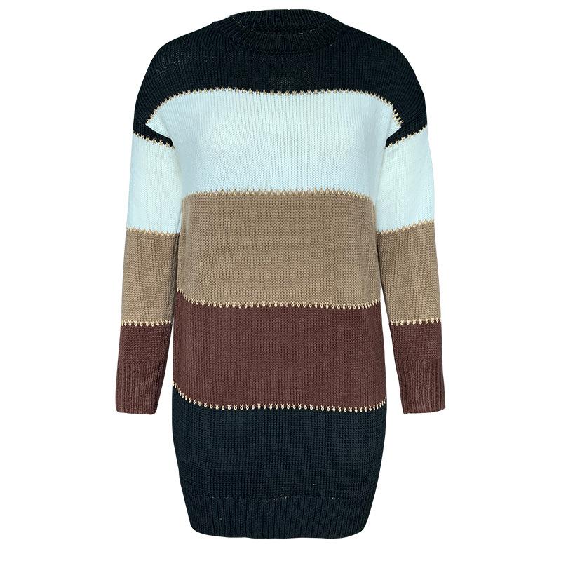 Fall/winter knit crewneck pullover striped sweater dress
