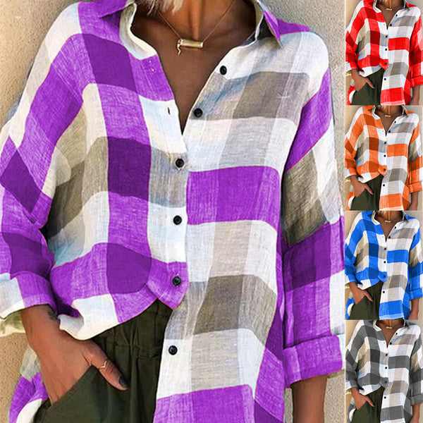 Color Block Long Sleeve Print Womens Plaid Shirt