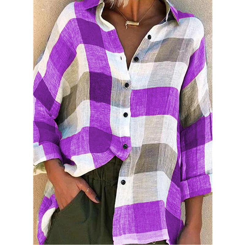 Color Block Long Sleeve Print Womens Plaid Shirt