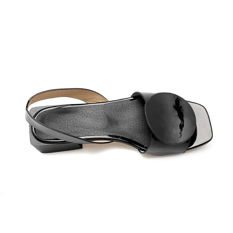 Women's PU patent leather square peep toe block heels sandals medium heel slingback sandals