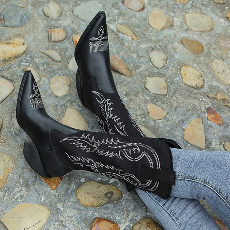 Women's knee high floral embroidery cowboy boots pointed toe chunky block heel boots
