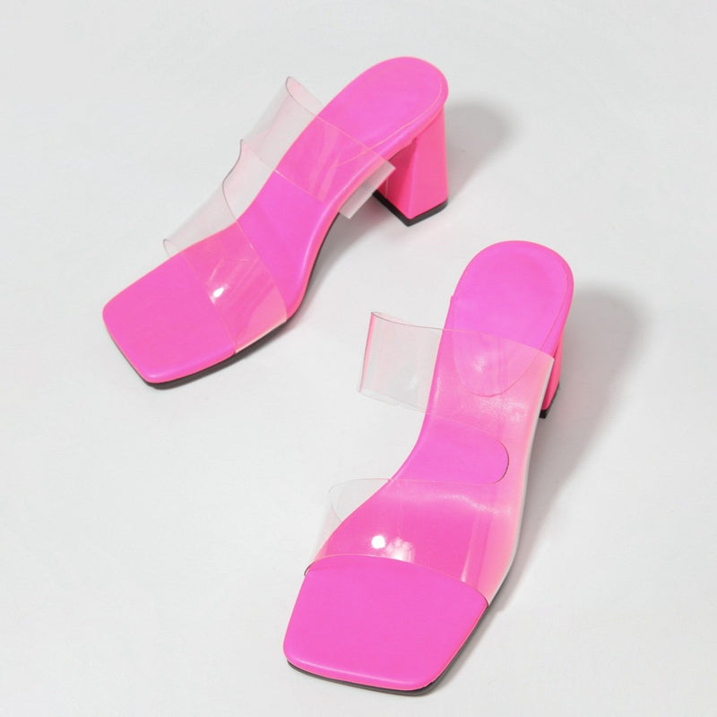 Women's clear 2 bands square peep toe chunky slides hot pink
