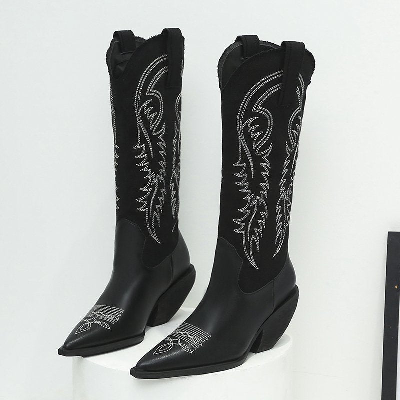 Women's knee high floral embroidery cowboy boots pointed toe chunky block heel boots