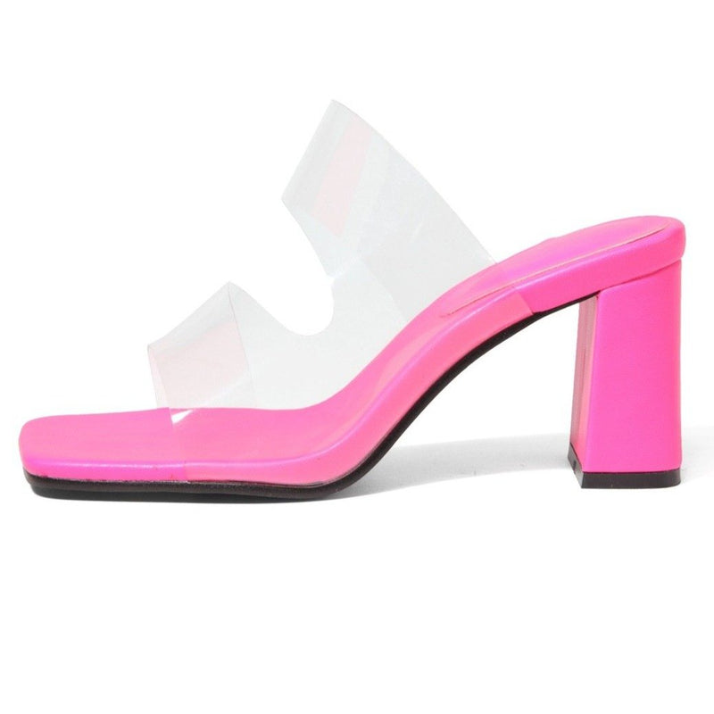Women's clear 2 bands square peep toe chunky slides hot pink