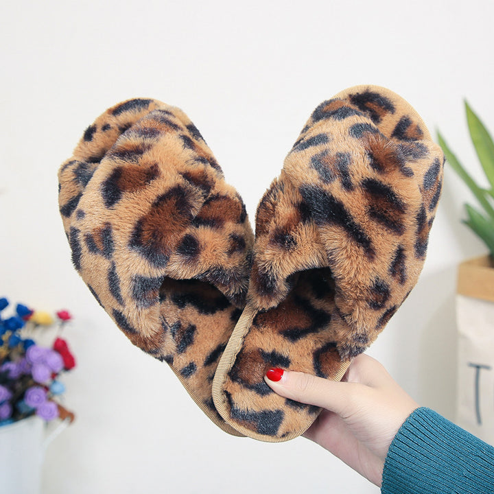 Women's fashion leopard criss cross slippers winter warm fluffy house shoes